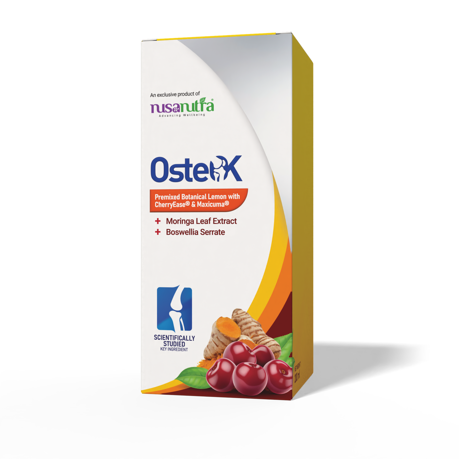 Kotak produk OsteOK dengan CherryEase, Maxicuma, Moringa dan Boswellia